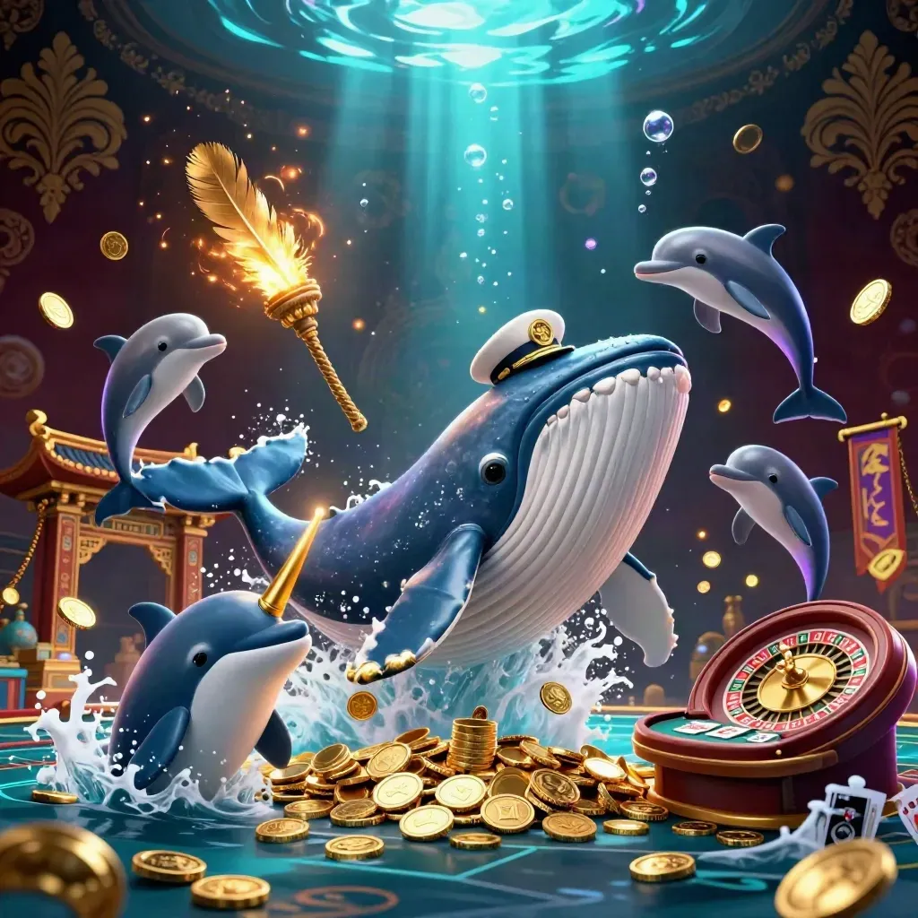 Whale captain, narwhal, and dolphins amid coins in a luxe casino under chandeliers