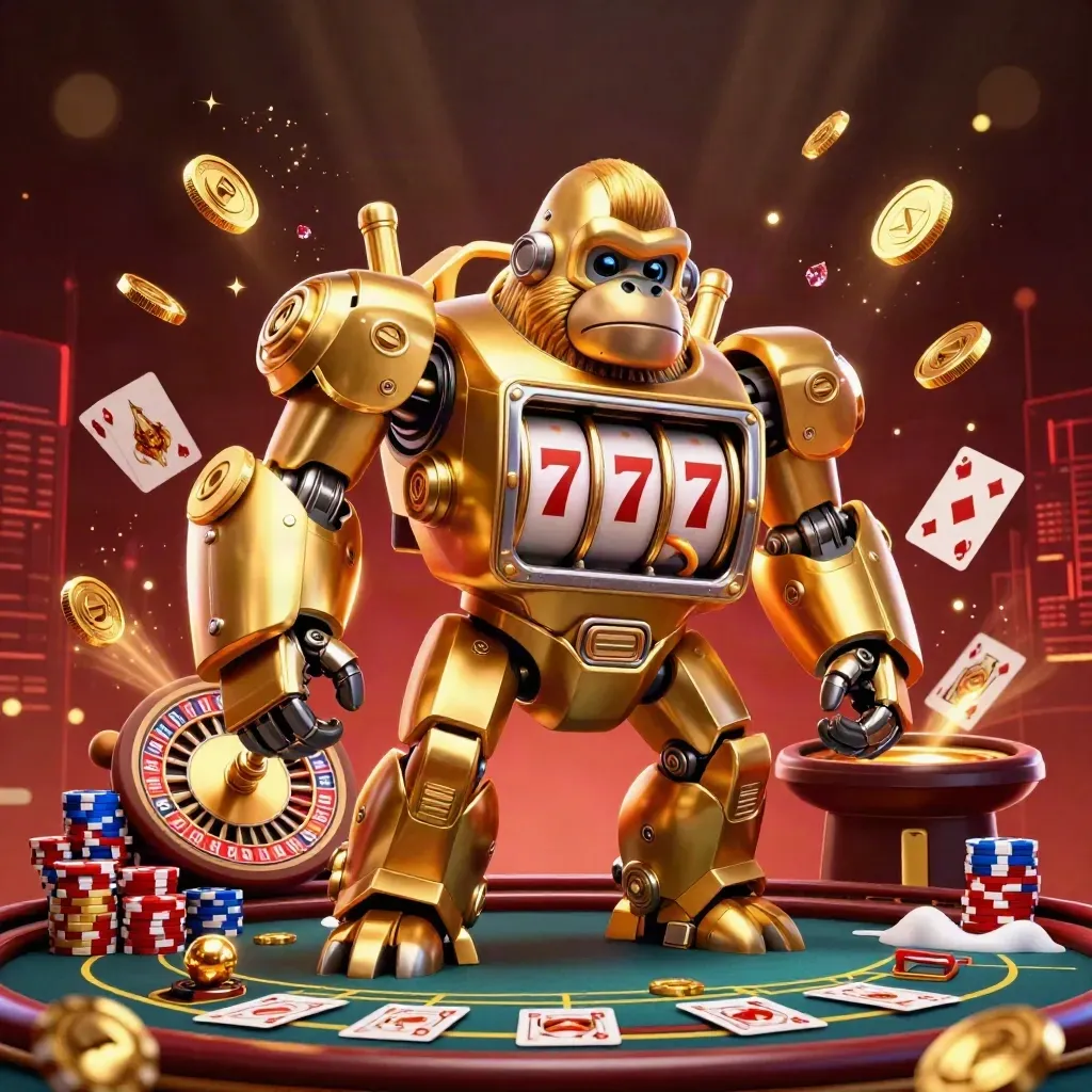 Golden gorilla mech and monkey pilot amid casino lights, coins, gems, cards, and a spinning roulette wheel.