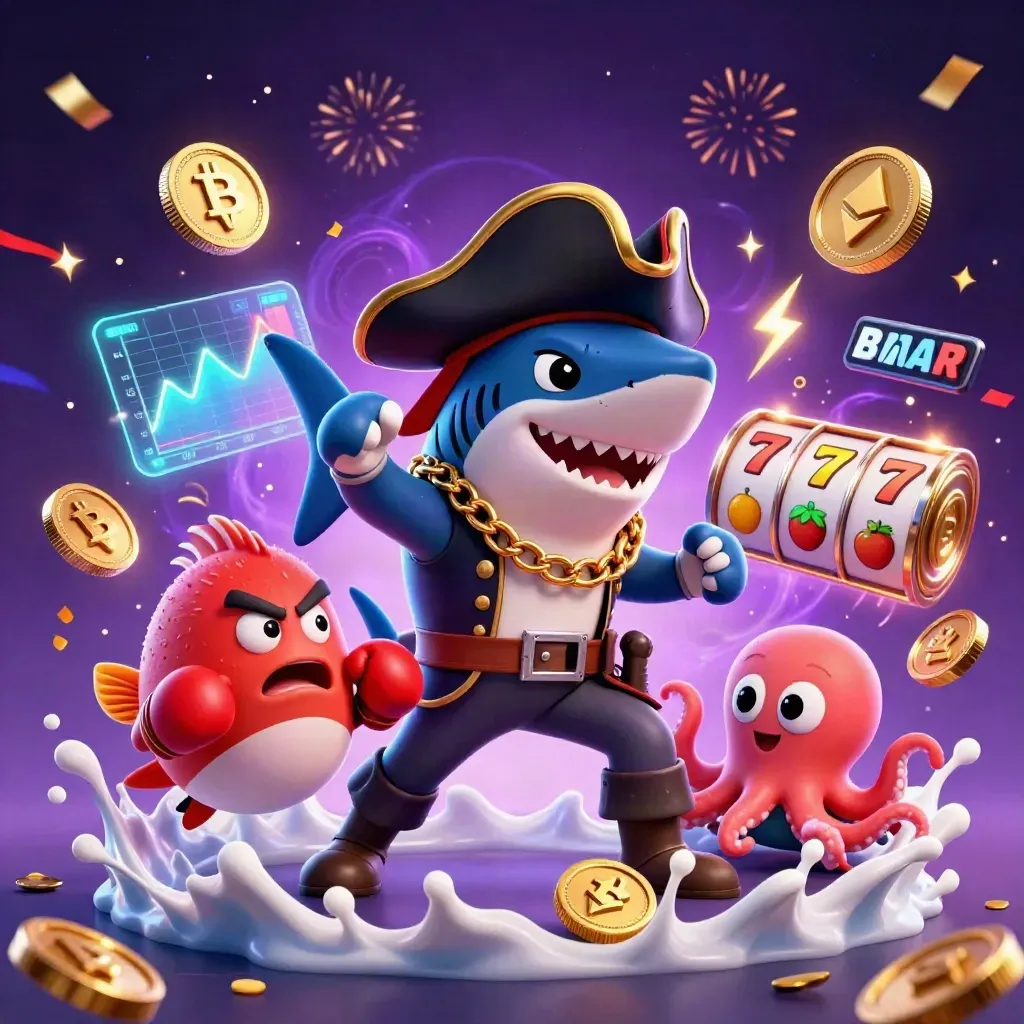 Pirate shark, pufferfish, and octopus burst through coins, neon links, and sea-teal magic.