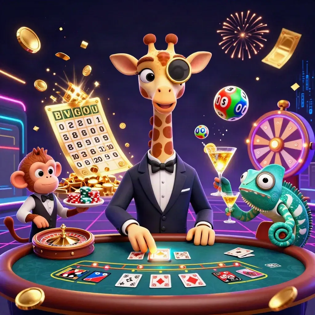 Cartoon giraffe, monkey valet and chameleon bartender in a neon casino reward explosion.
