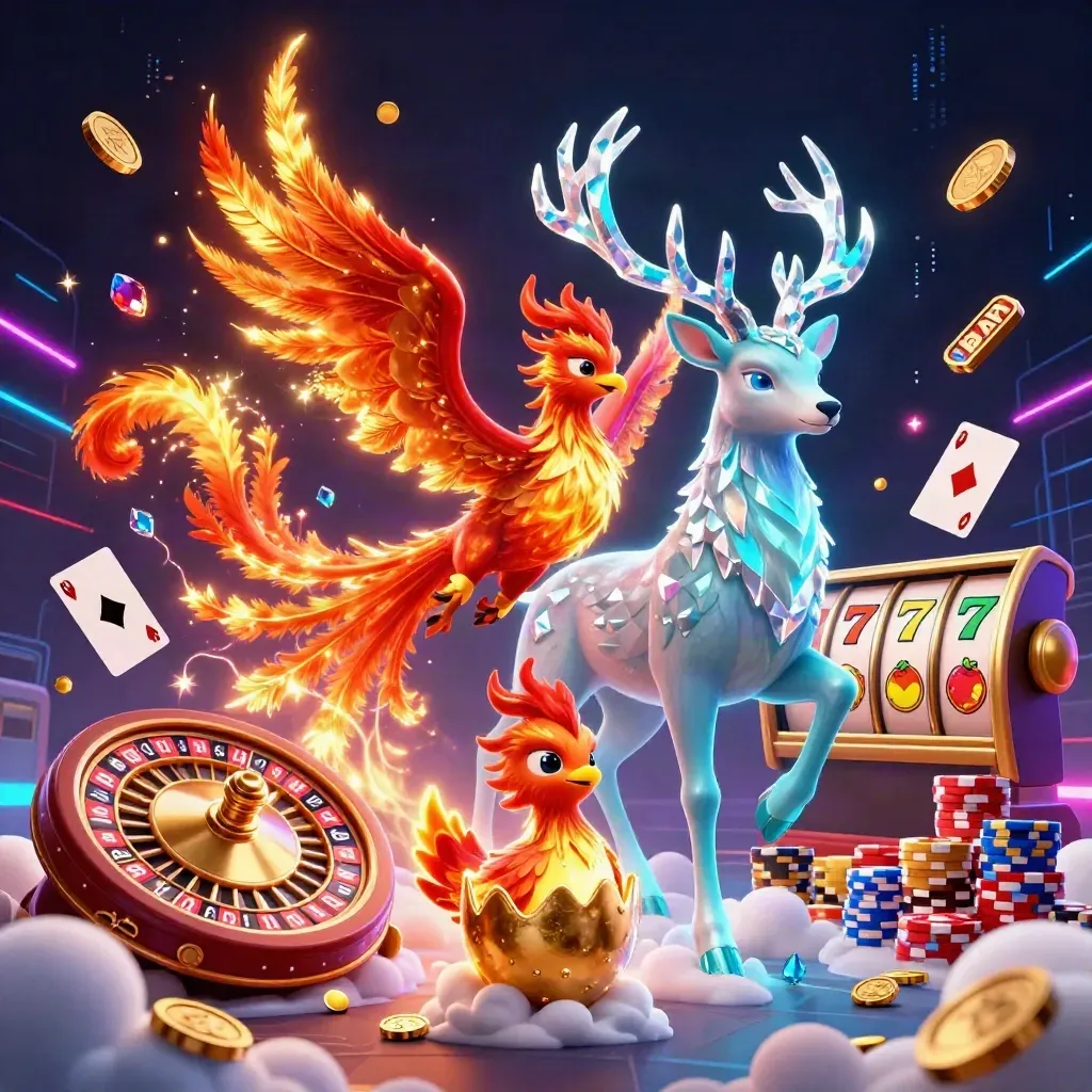 Crimson phoenix, crystal-antlered stag, and hatching chick amid gold coins and neon casino glow.