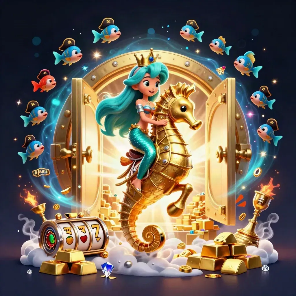 Mermaid princess on a golden seahorse amid treasure, fish, reels, and casino glow.